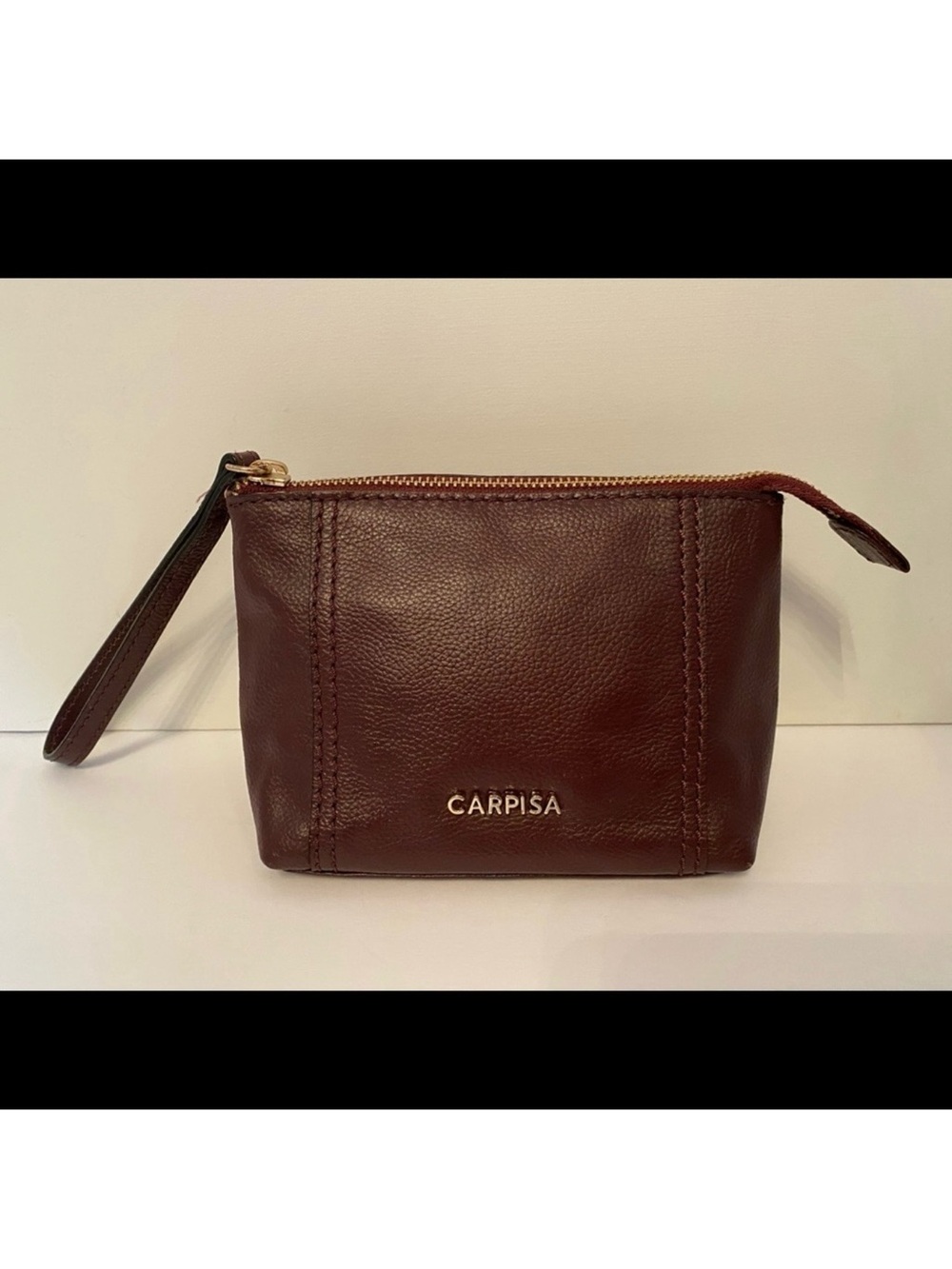 CARPISA BAG WRISTLET LOOP CLUTCH BURGUNDY RED PURPLE LEATHER ZIP TOP